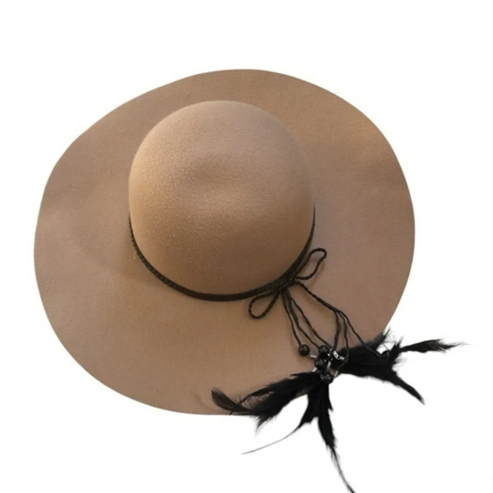 Camel Wide Brim Hat Black Feather Trim Boho Free People Look